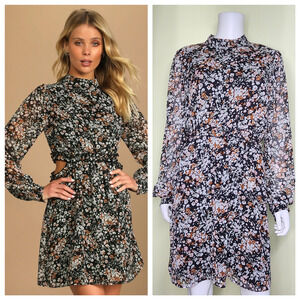 Lulus Autumn Bliss Cutout Mini Dress Size XL Dark Floral Long Sleeve  Boho